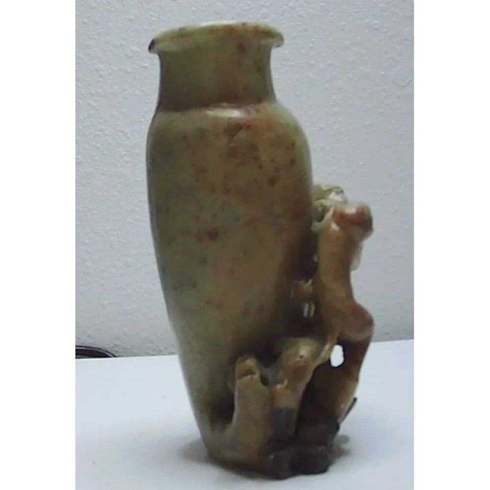 Vintage Asian China Hand Carved Two Monkeys Soapstone Vase Holder  5.5